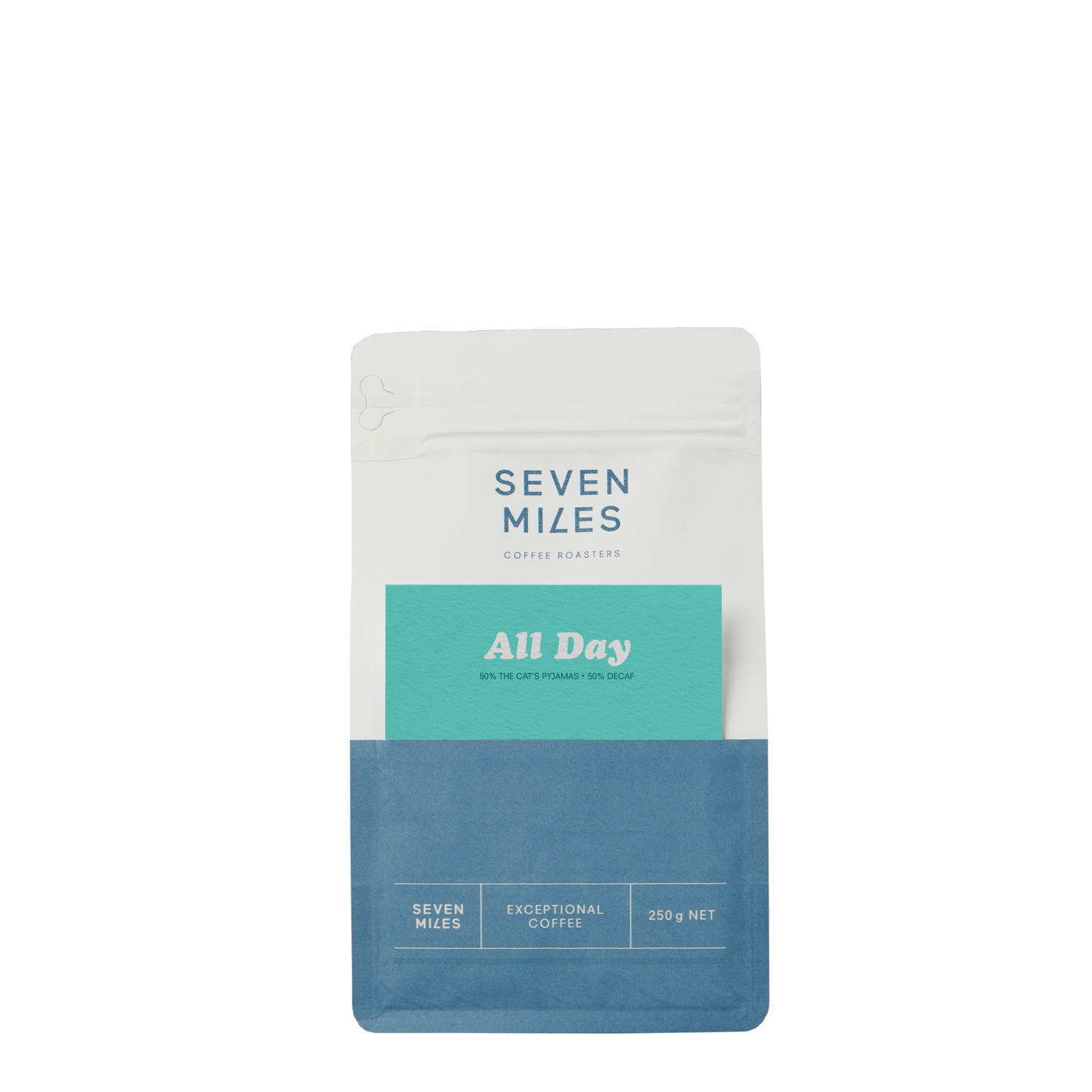 Seven Miles Coffee package labeled 'All Day' on a white background