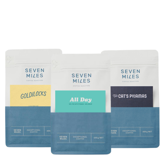 Three coffee packages from Seven Miles Coffee Roasters on a white background