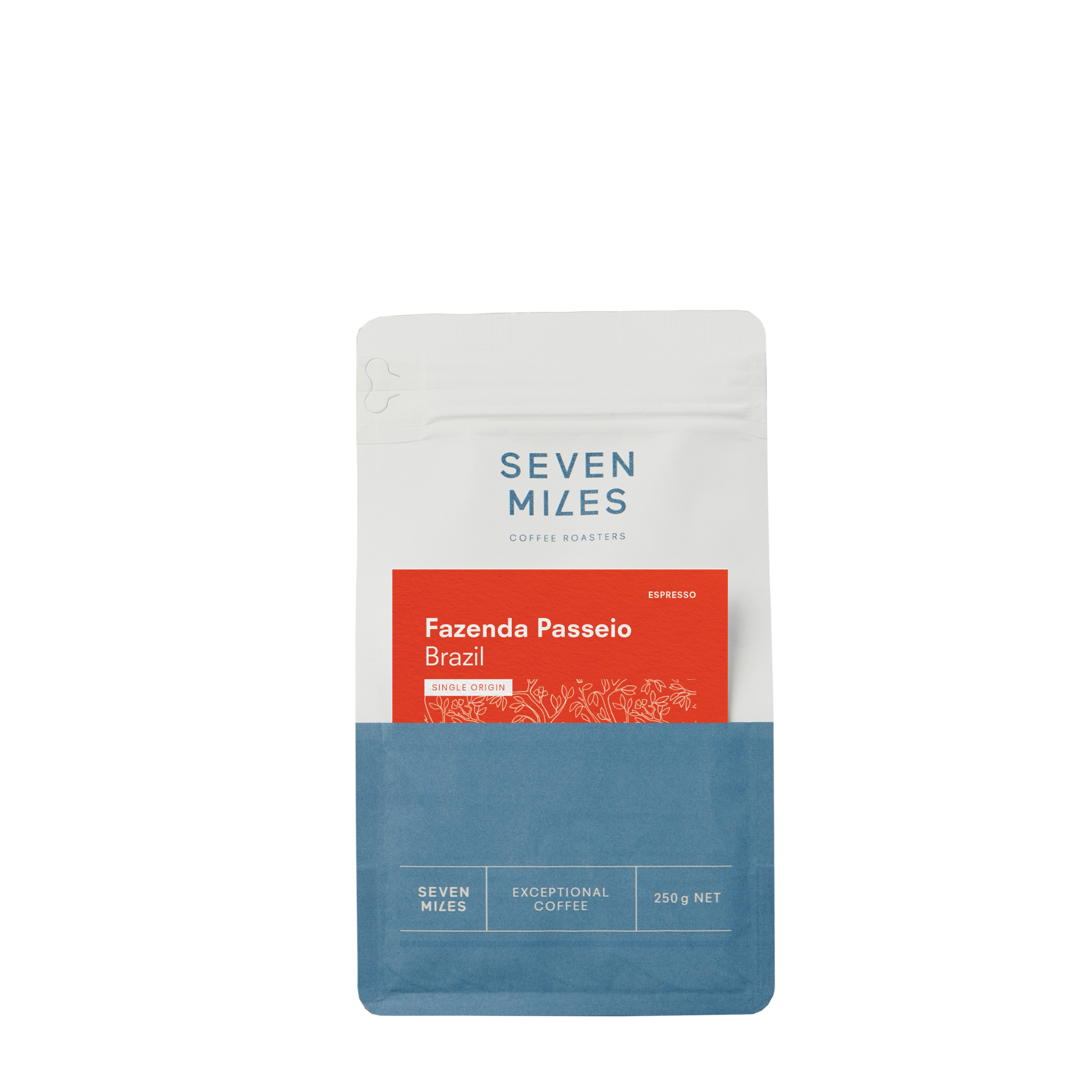 250gr bag of Seven Miles coffee 'Fazenda Passeio Brazil' on a white background