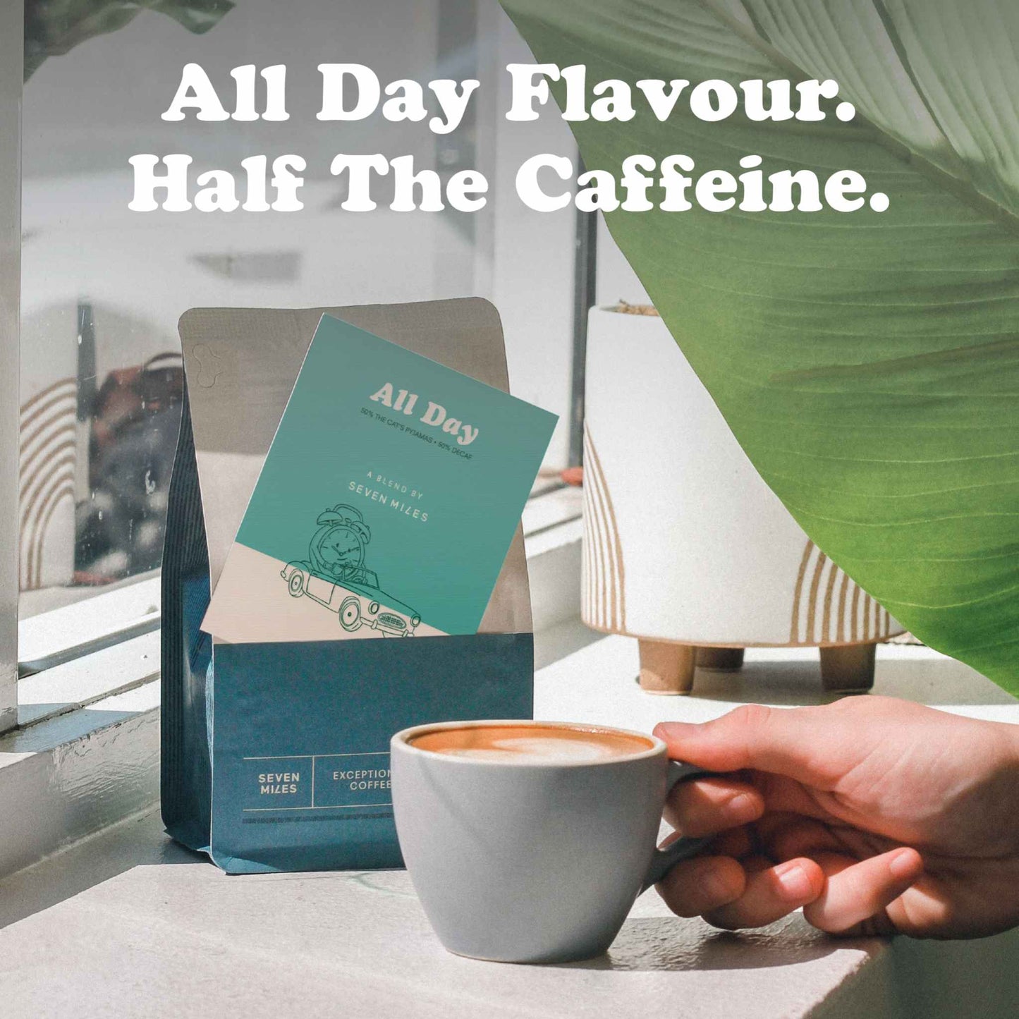 Person holding a coffee cup with All Day Half Caffeine 250g bag in the background and All Day Flavour Half The Caffeine heading