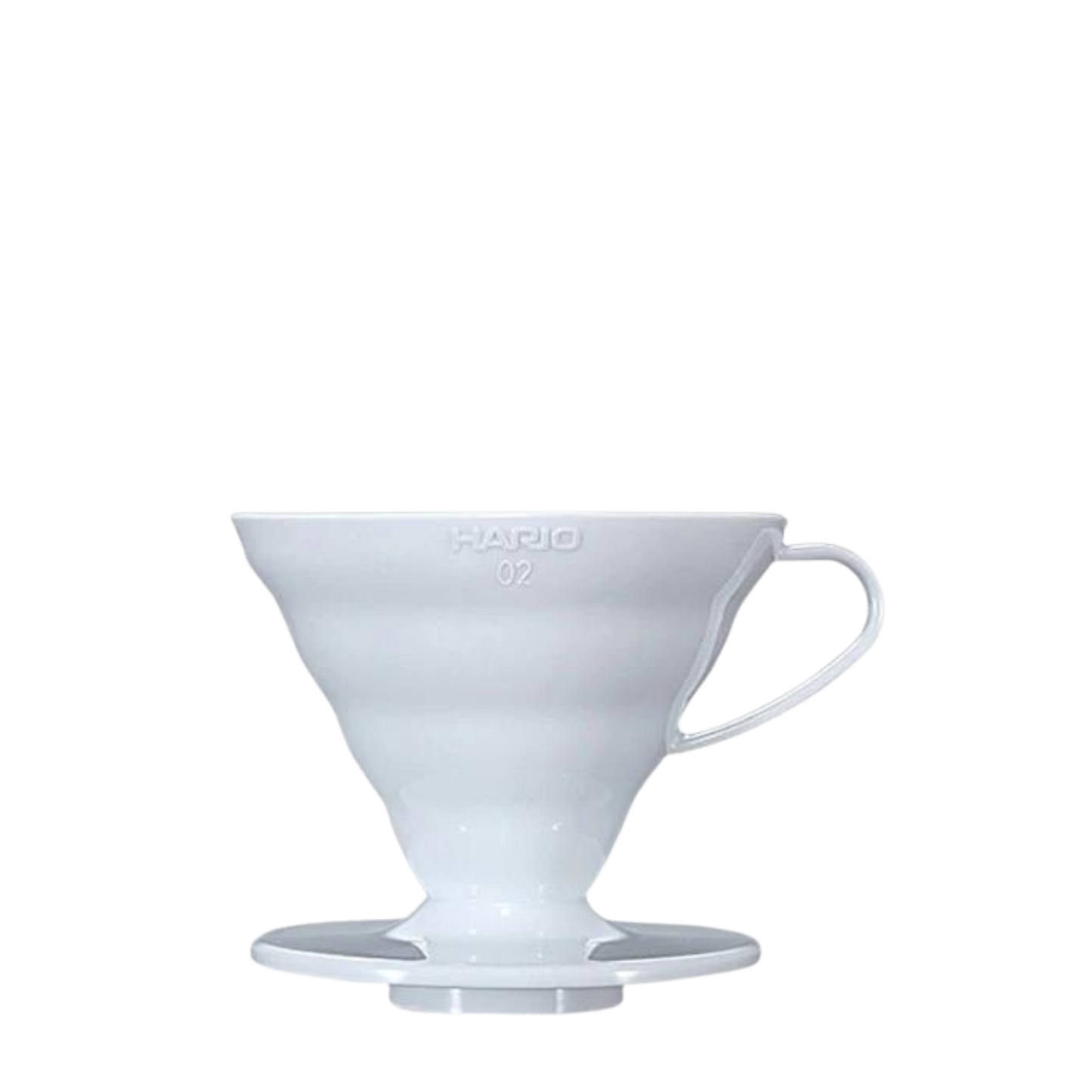 Image of Hario V60 Dripper 02 in plastic white, a cone-shaped coffee filter holder made of BPA-free plastic, featuring spiral ridges inside and a large single opening at the bottom