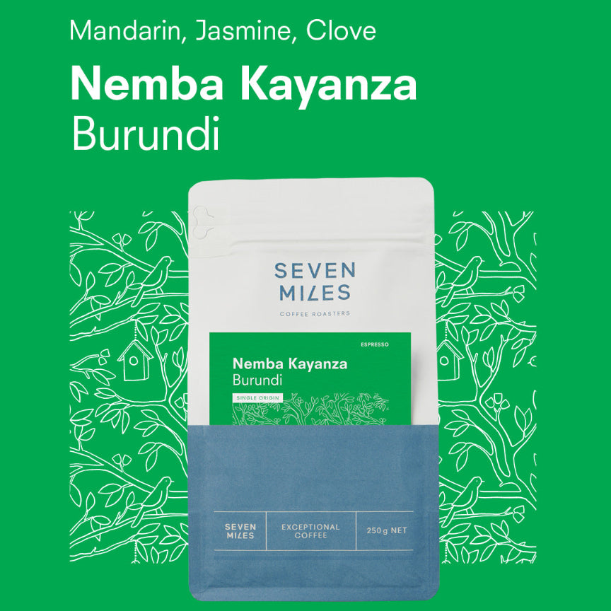 Seven Miles coffee package with 'Nemba Kayanza Burundi' on a green background