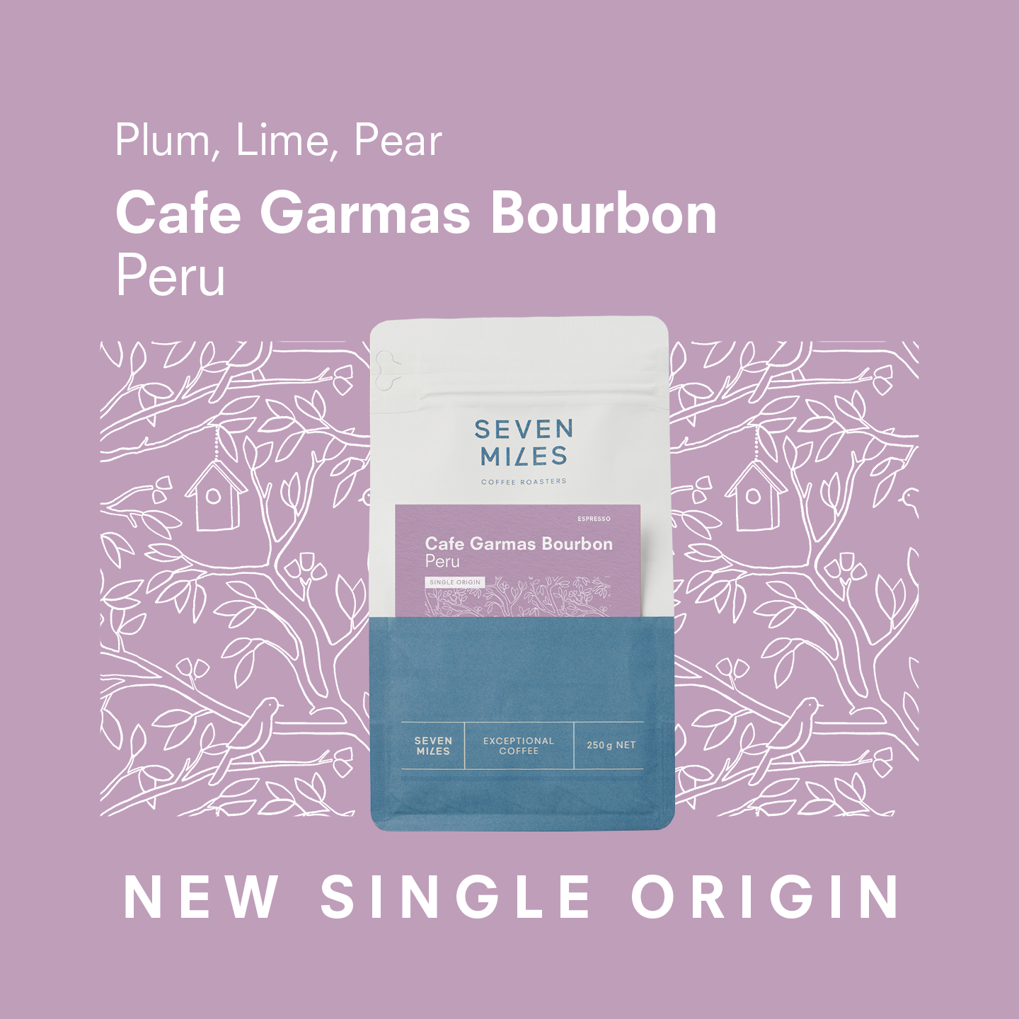 Cafe Garmas Bourbon Peru coffee package with Seven Miles branding on a purple background