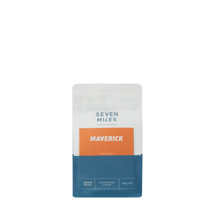 The Seven Miles Maverick Coffee 250g Blend goes its own way. Bright, malty and sweet, this coffee works both as straight up espresso and for cutting through milk. A rich seasonally adjusted blend of Central and South American coffees, Maverick deftly chooses the path less travelled.