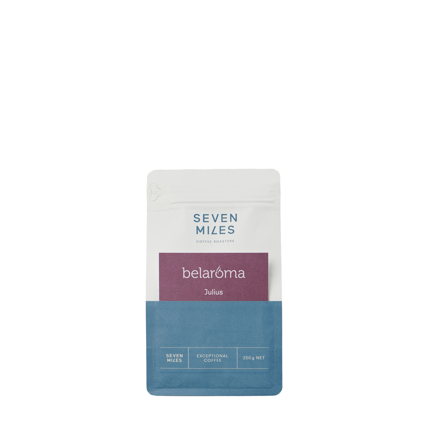 Seven Miles Belaroma Julius 250g is a medium-roasted blend that combines a robust base with spicy highlights. Rich flavours of dark chocolate are balanced with notes of sweet spice.