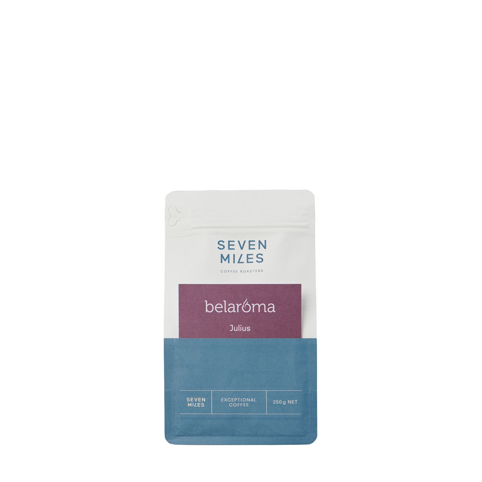 Seven Miles Belaroma Julius 250g is a medium-roasted blend that combines a robust base with spicy highlights. Rich flavours of dark chocolate are balanced with notes of sweet spice.