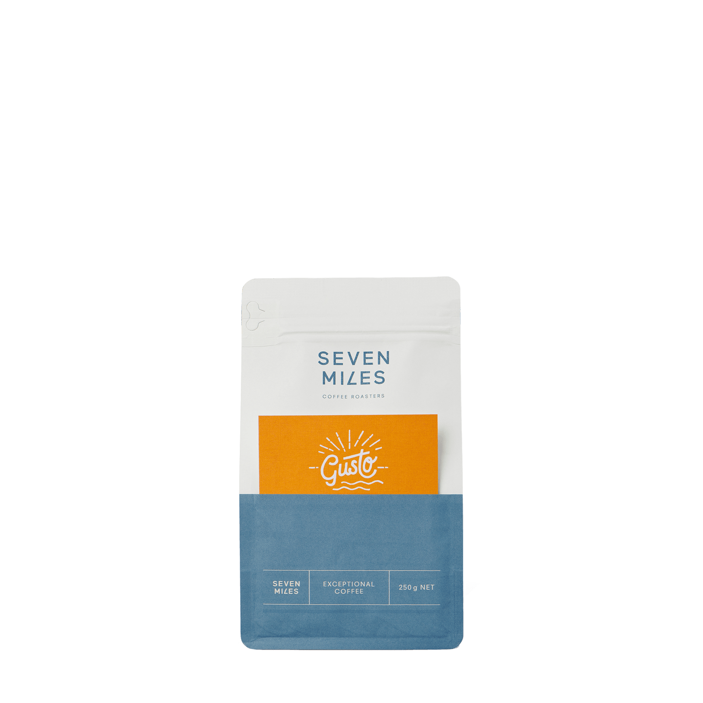 Seven Miles Gusto whole coffee beans 250G bag - tasting notes Caramel, Hazelnut and Sweet Spices.