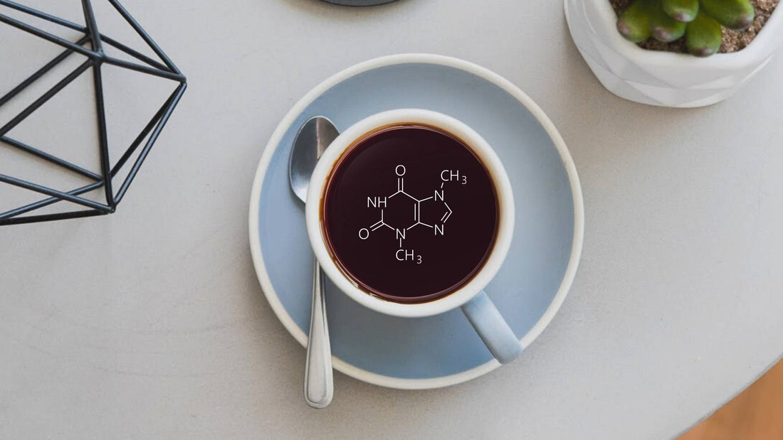 caffeine chemical symbol in cup of coffee||flat white coffee on a wooden table|roasted coffee in cooling tray