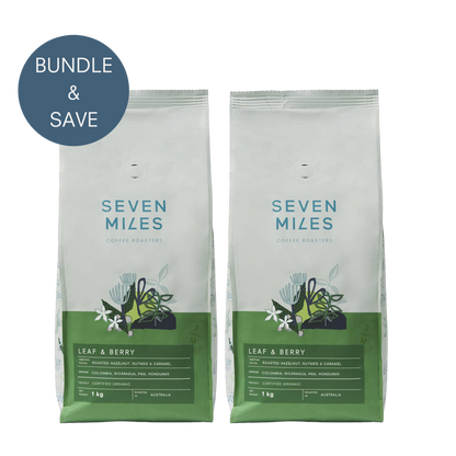 Seven Miles Leaf and Berry organic whole coffee beans 2 x 1kg bundle deal - tasting notes Roasted Hazelnut, Nutmeg and Caramel.