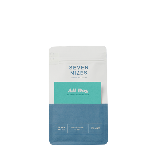 Seven Miles Coffee package labeled 'All Day' on a white background