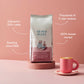 Seven Miles Coffee bag with ceramic mug and spoon on pink background – Australian specialty coffee roasters since 1968