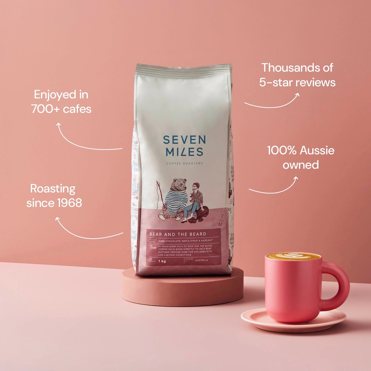 Seven Miles Coffee bag with ceramic mug and spoon on pink background – Australian specialty coffee roasters since 1968