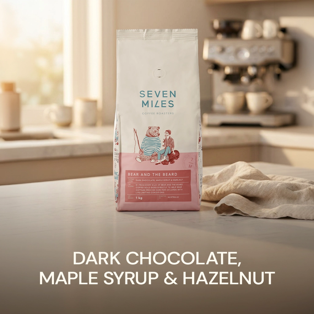 Seven Miles Bear and the Beard whole coffee beans 1kg bag - tasting notes dark chocolate, maple syrup and hazelnut praline. 