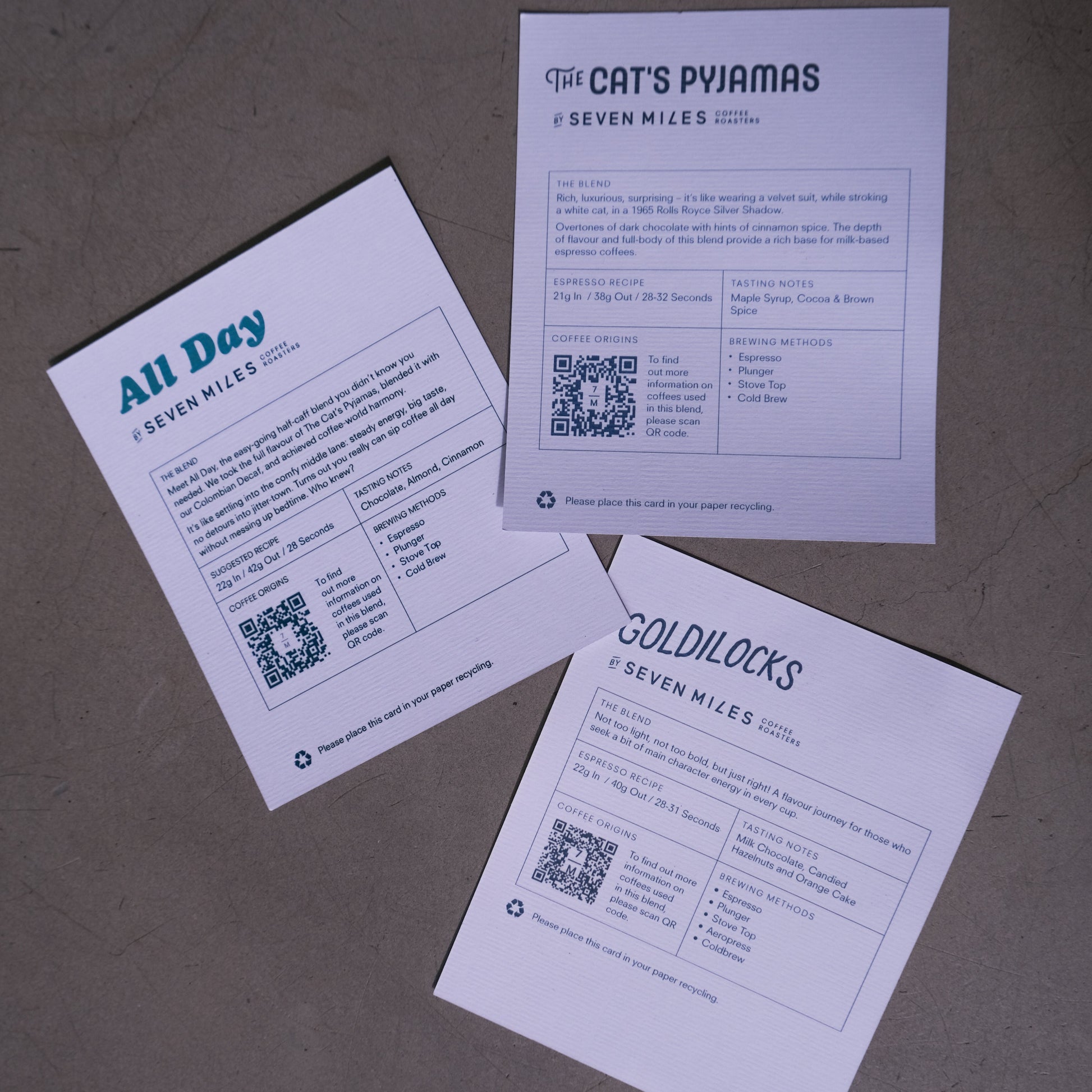 Blend Cards of each: Goldilocks coffee blend, All Day Half Caff blend, and The Cat's Pyjamas coffee blend. 