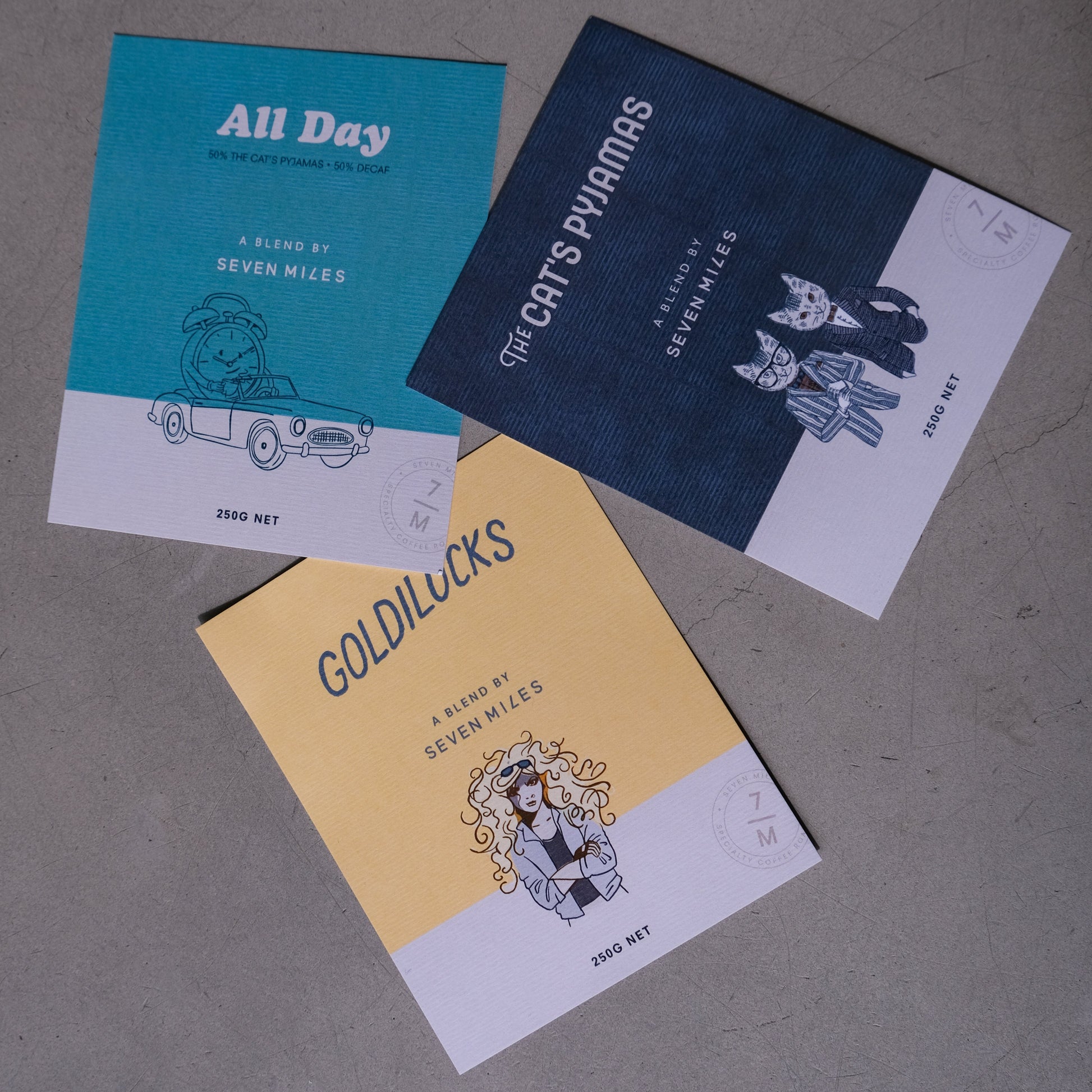 Blend Cards of each: Goldilocks coffee blend, All Day Half Caff blend, and The Cat's Pyjamas coffee blend. 