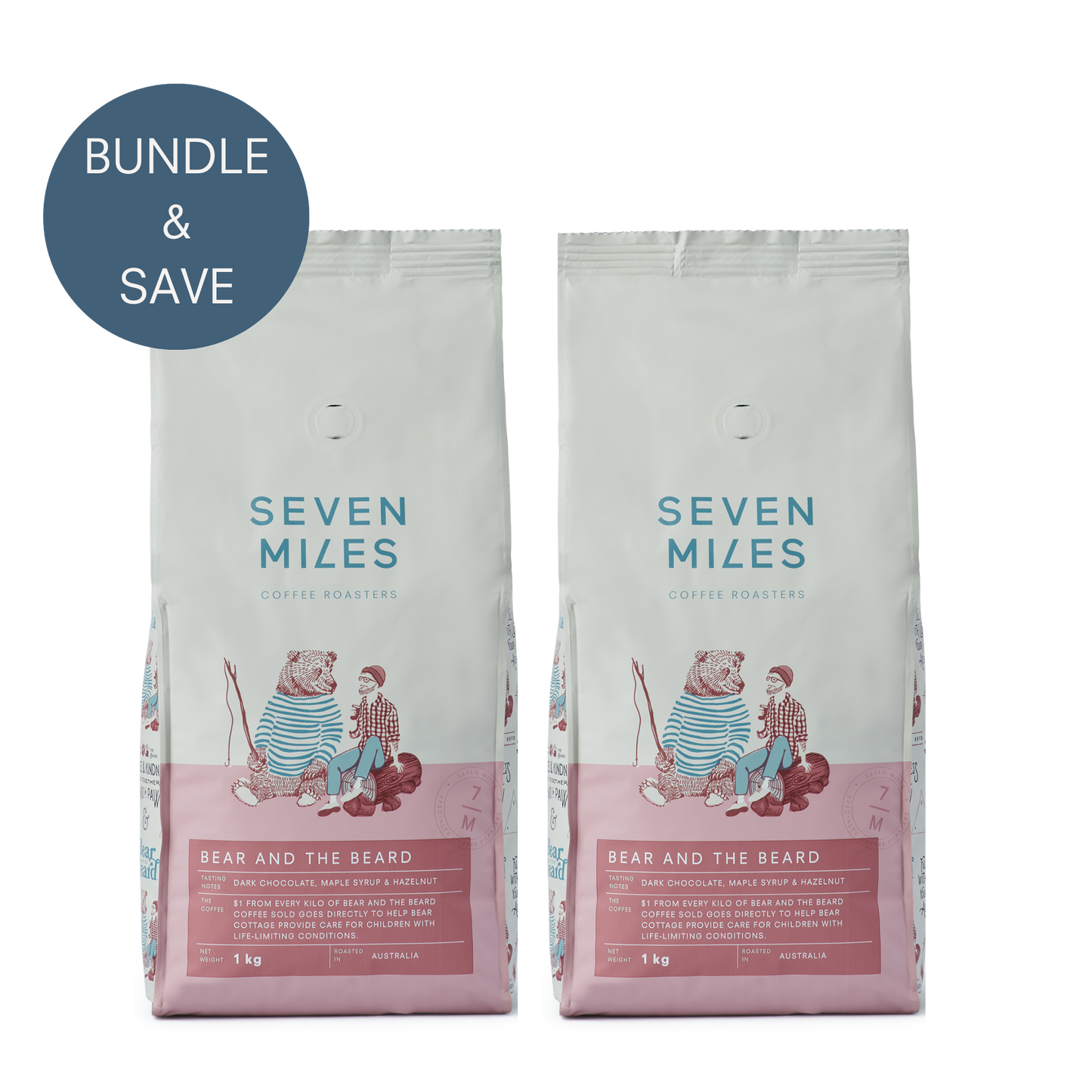Seven Miles Bear and the Beard 2 x whole coffee beans 1kg bundle offer - tasting notes dark chocolate, maple syrup and hazelnut praline. 