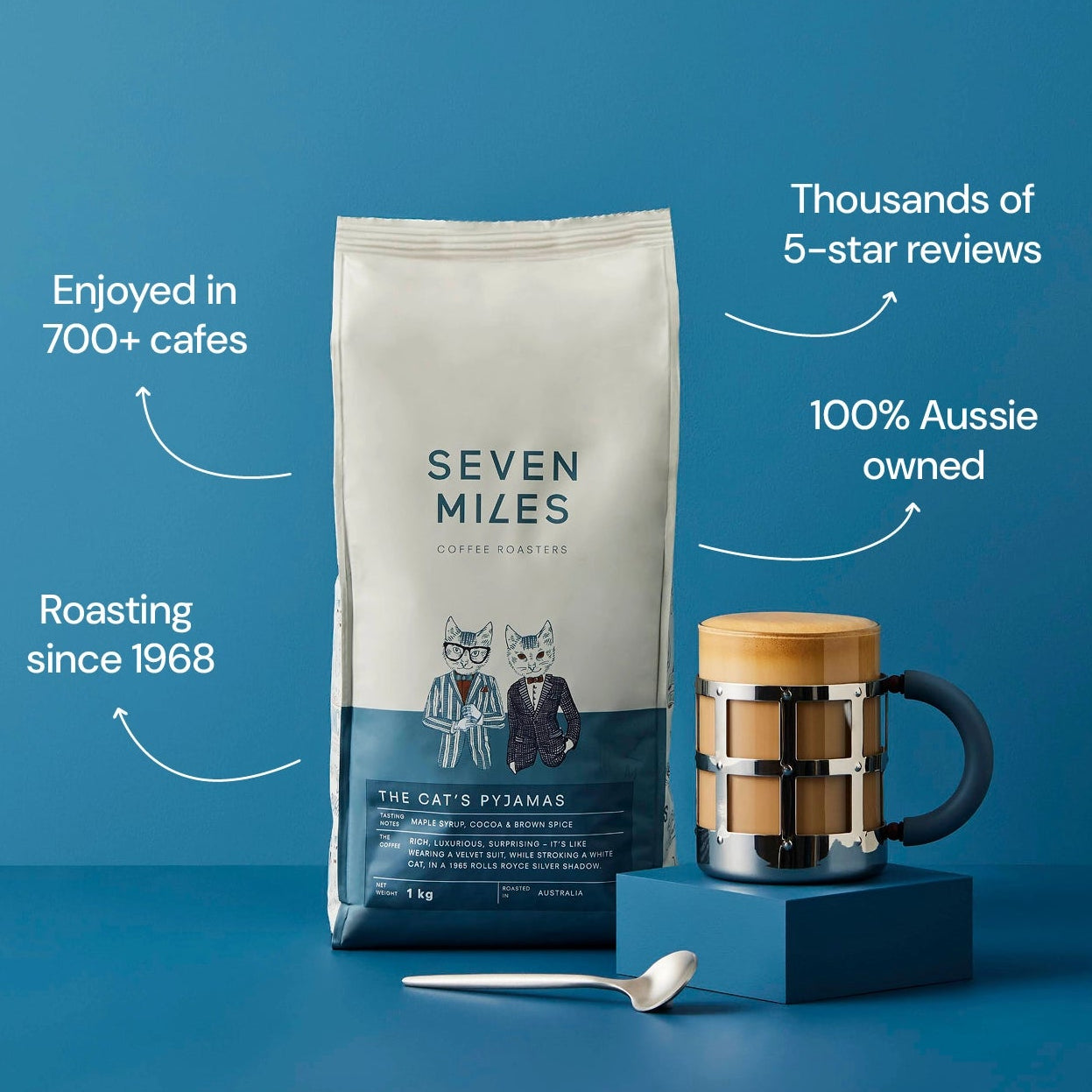 Seven Miles The Cat's Pyjamas 1kg whole bean coffee – maple syrup, cocoa and brown spice specialty blend