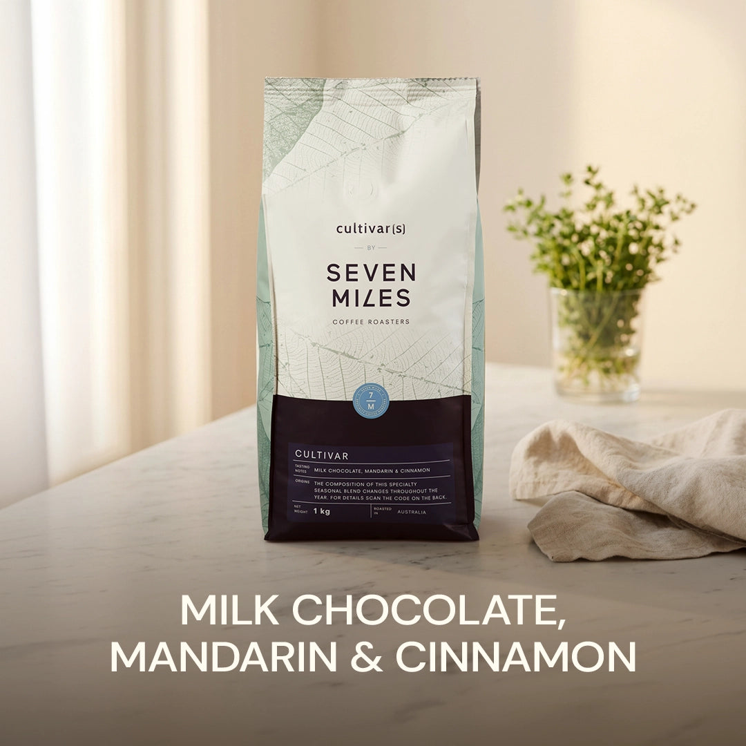 Seven Miles Cultivar 1kg whole bean coffee – Milk Chocolate, Mandarin & Cinnamon spice specialty blend.