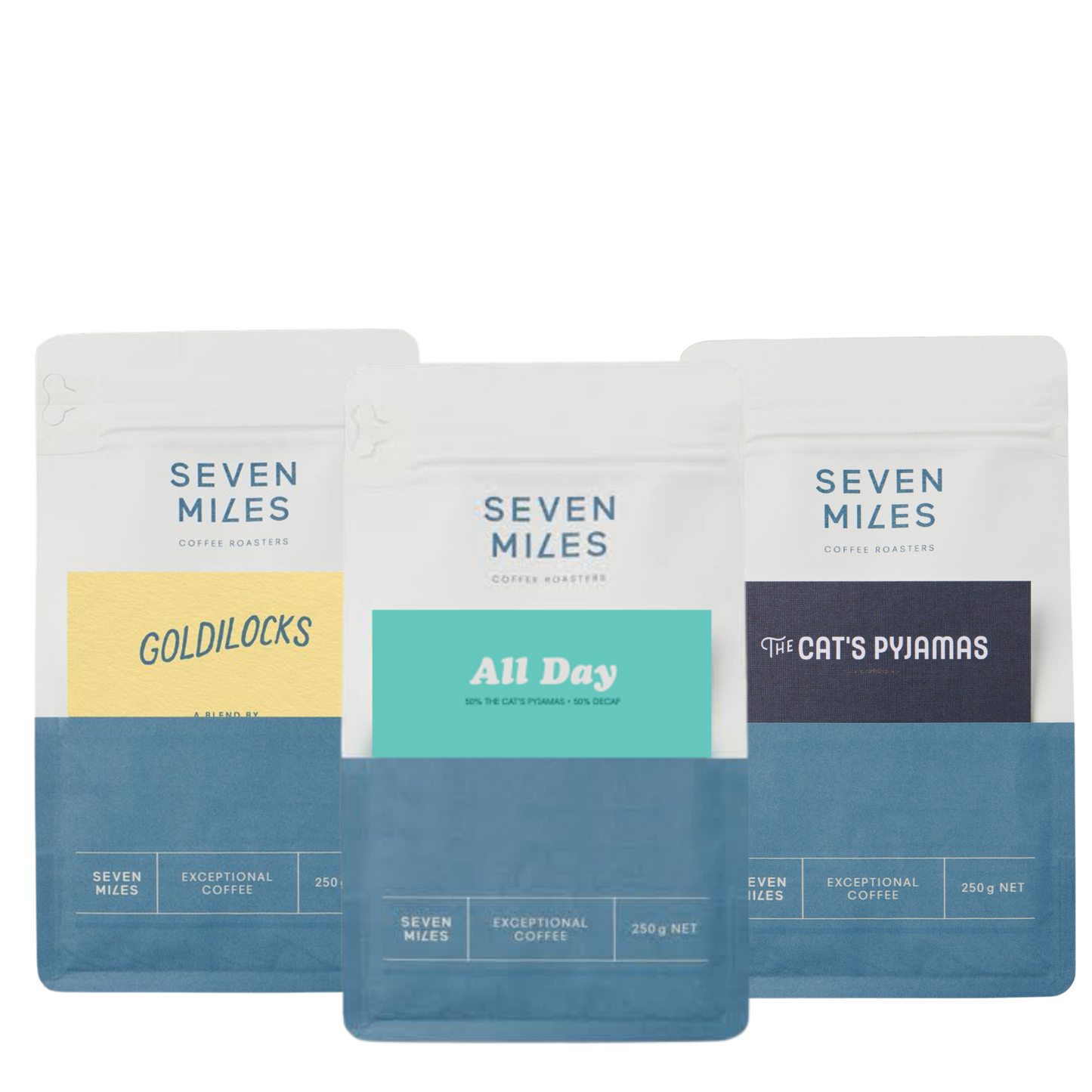Three coffee packages from Seven Miles Coffee Roasters on a white background