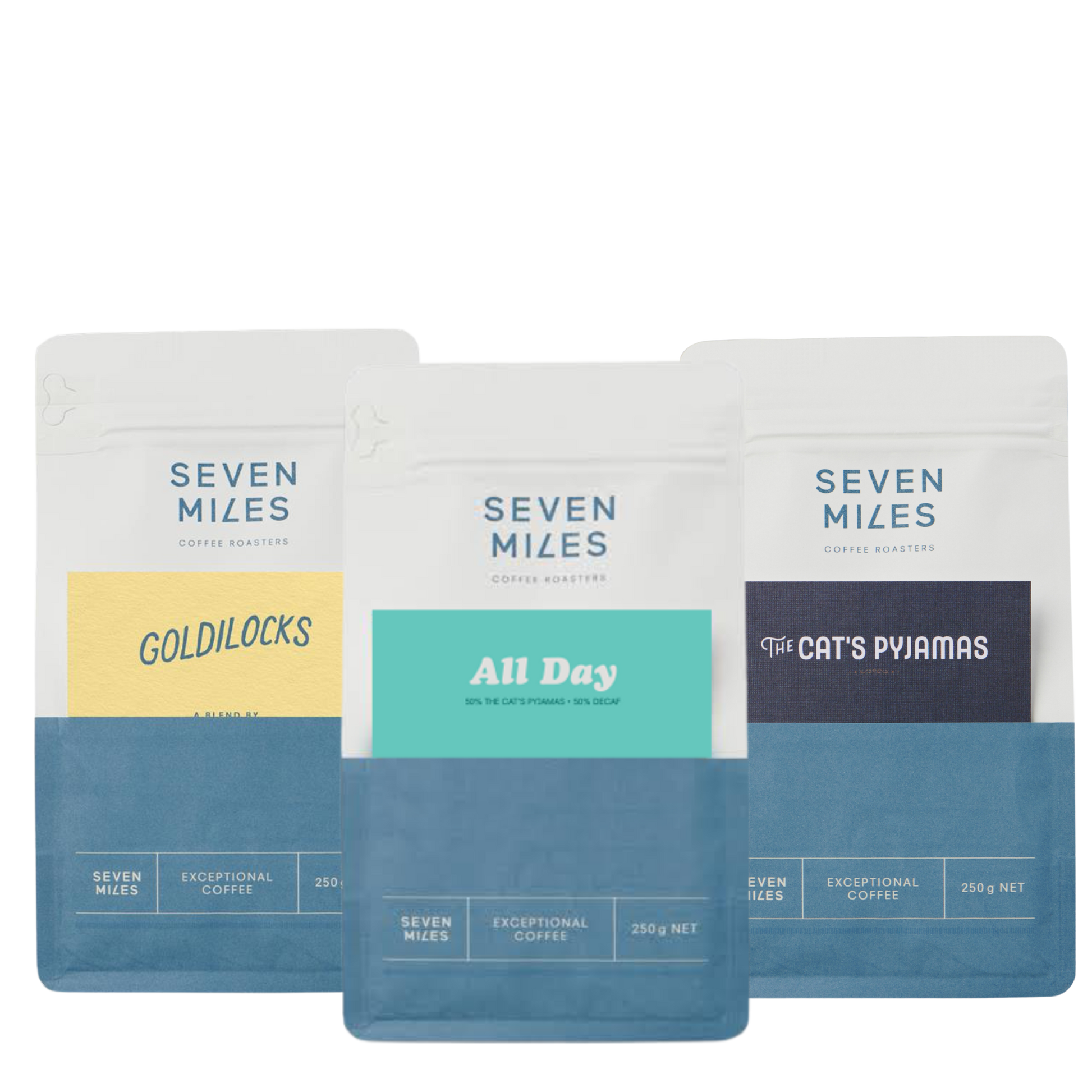 Three coffee packages from Seven Miles Coffee Roasters on a white background