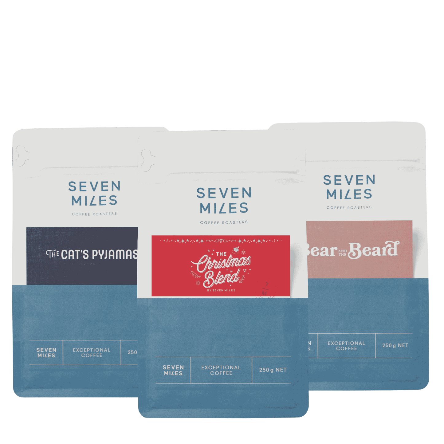 A Christmas sampler pack from Seven Miles Coffee Roasters, the perfect gift for coffee lovers, containing 3 x 250 GR bags; The Catt's Pyjamas, Bear and The beard and the limited edition The Christmas Blend