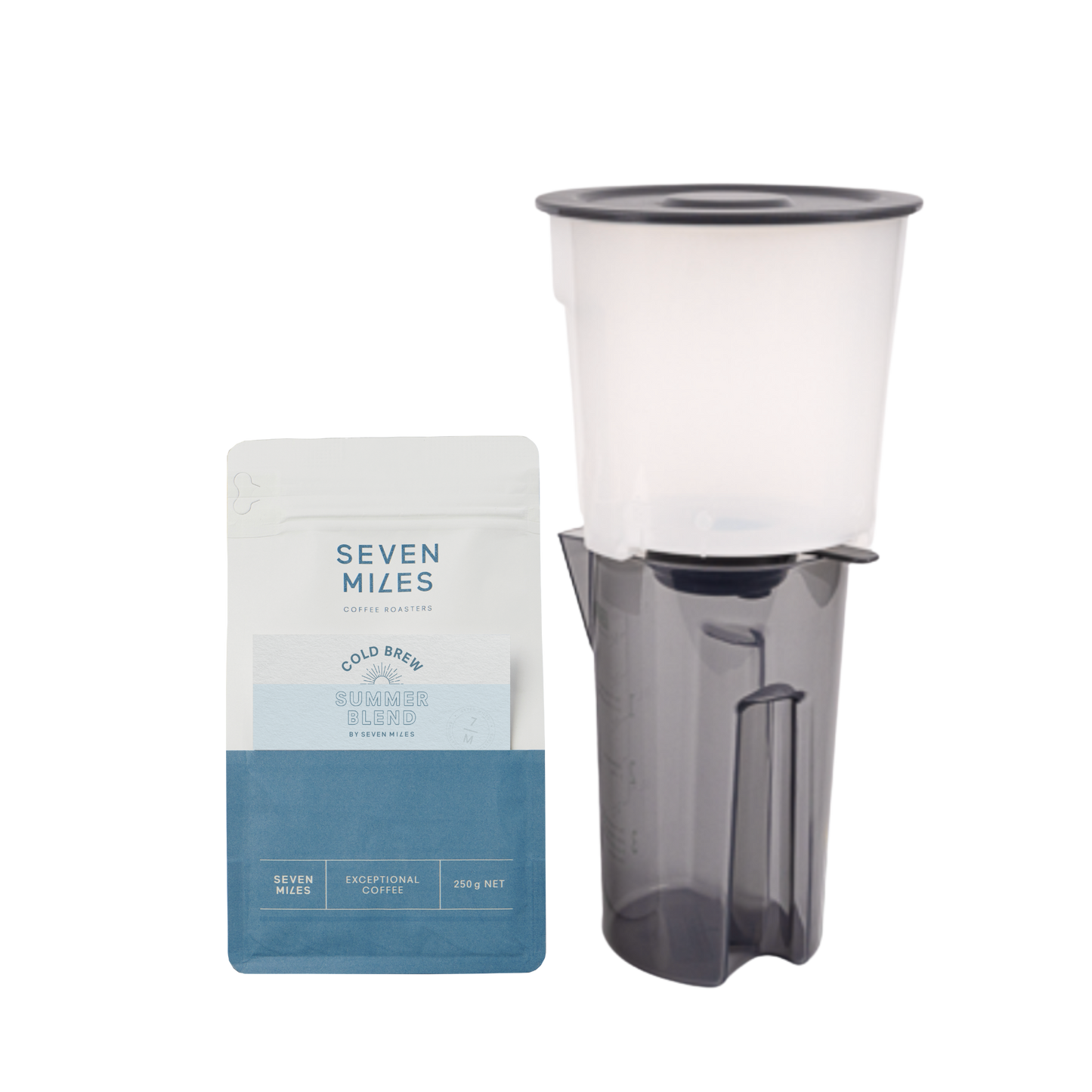 This kit includes the Toddy Essential Brewer, 3 paper filter bags and a 250g Bag of the Seven Miles Cold Brew Summer Blend - everything you need to get started making delicious Cold Brew Coffee.