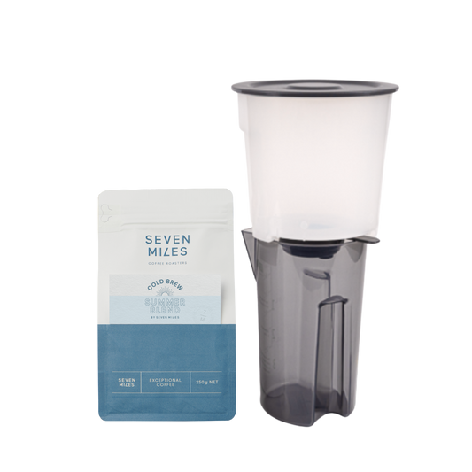 This kit includes the Toddy Essential Brewer, 3 paper filter bags and a 250g Bag of the Seven Miles Cold Brew Summer Blend - everything you need to get started making delicious Cold Brew Coffee.