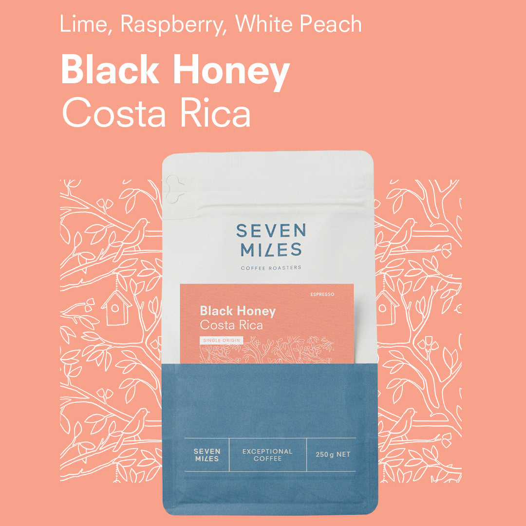 Seven Miles Coffee package with 'Black Honey Costa Rica' on a pink background