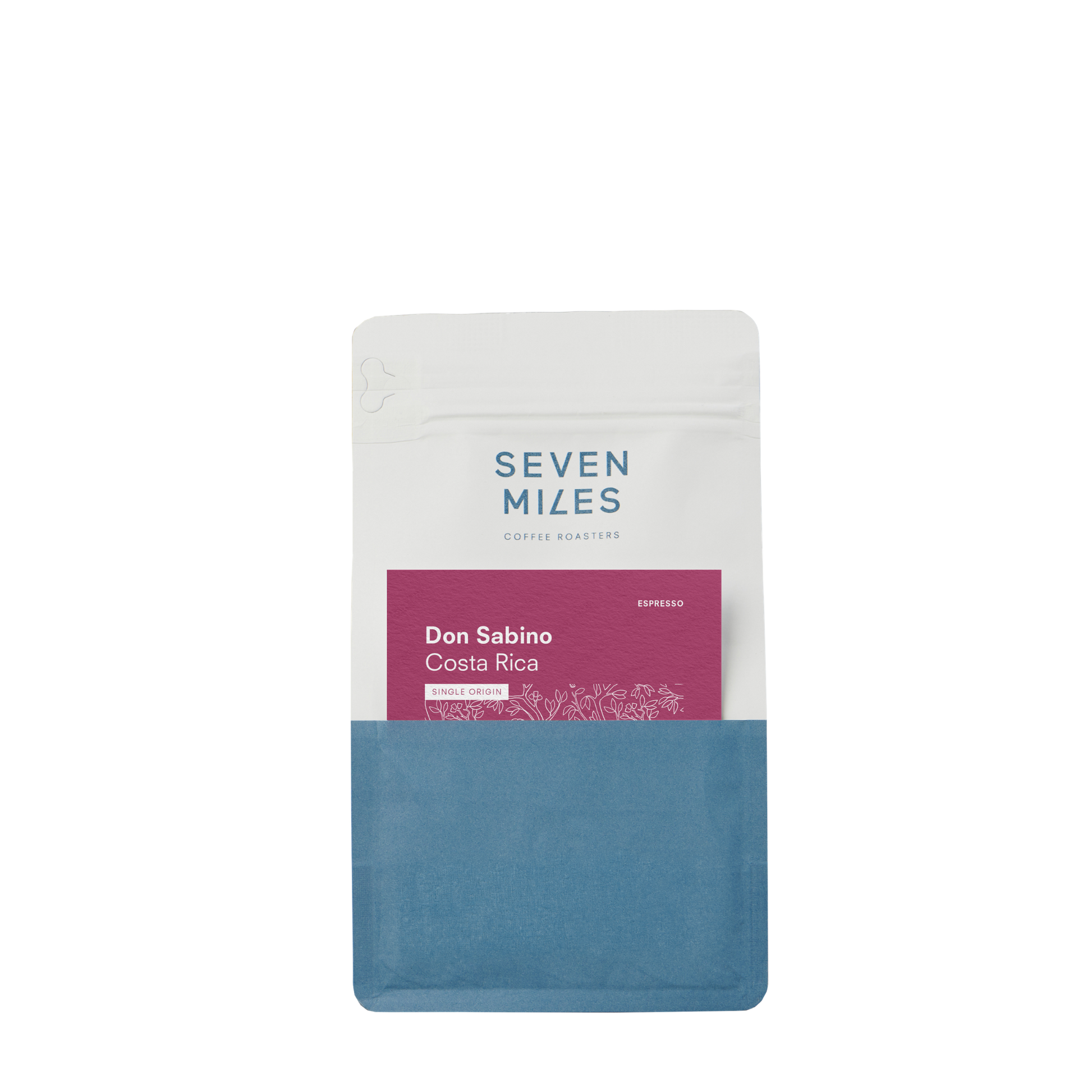 Coffee package labeled 'Seven Miles' with 'Don Sabino Costa Rica' on a white background