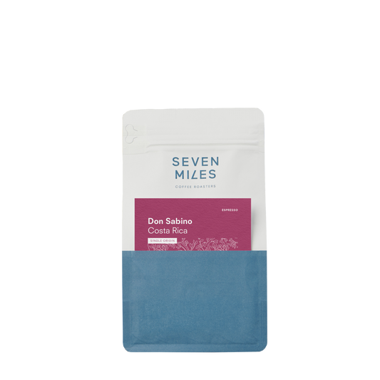 Coffee package labeled 'Seven Miles' with 'Don Sabino Costa Rica' on a white background