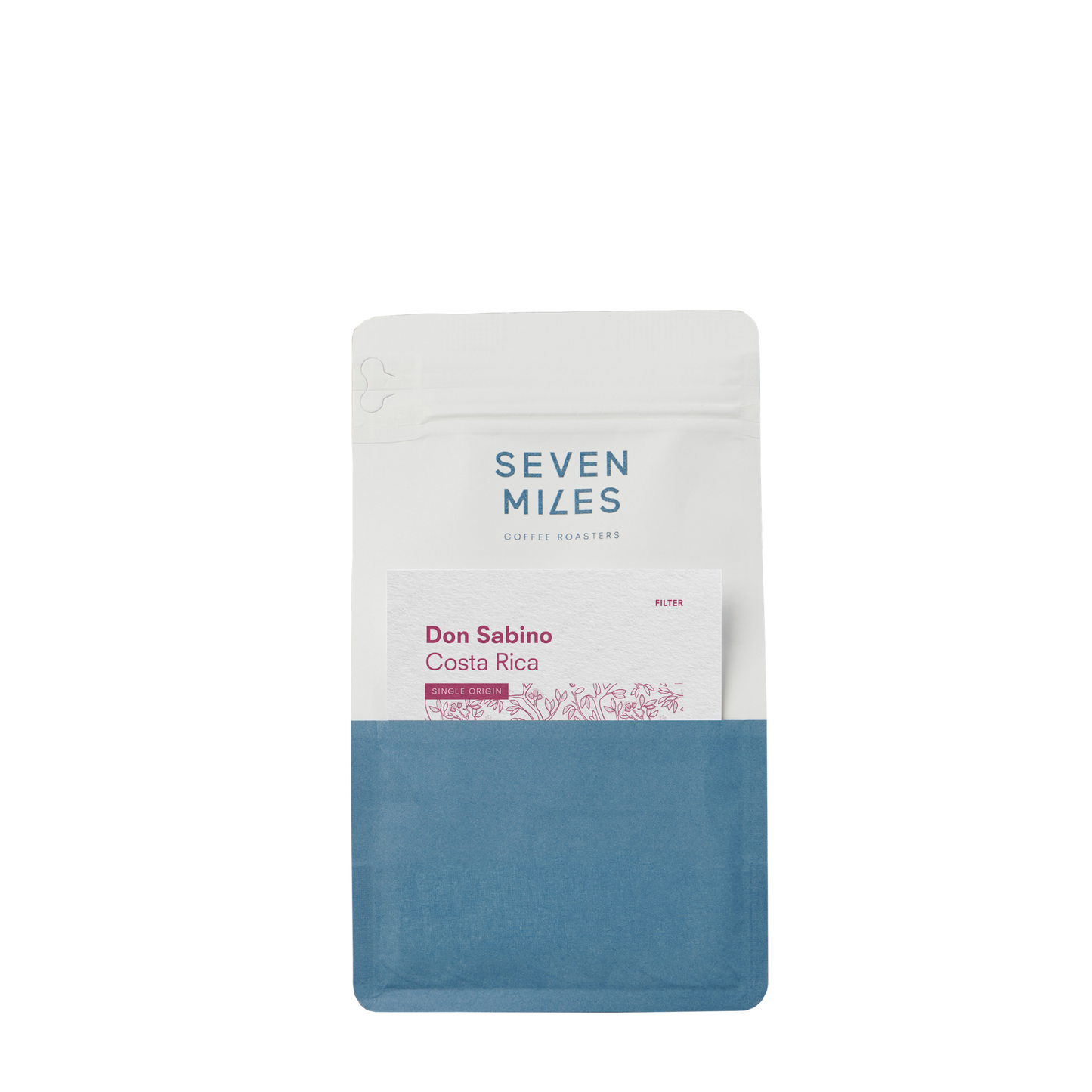 Coffee package labeled 'Seven Miles' with 'Don Sabino Costa Rica' on a white background