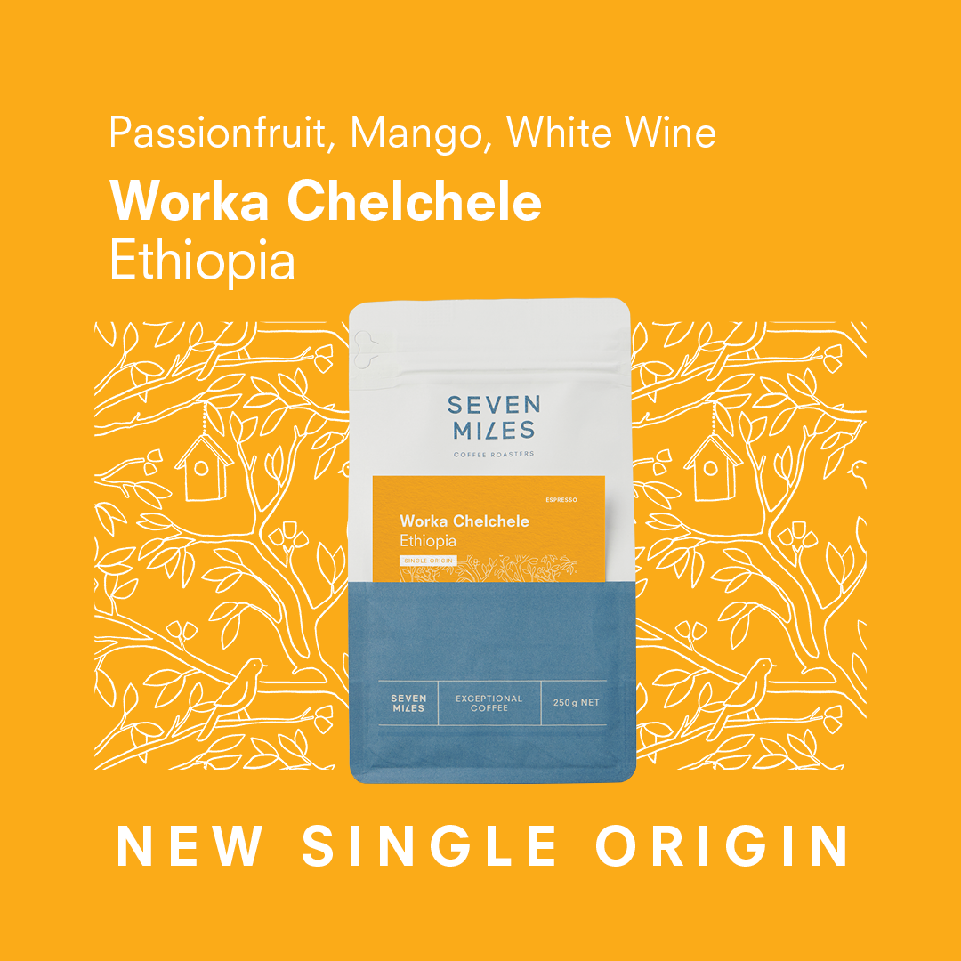 Seven Miles coffee package with 'Worka Chelchele Ethiopia' on a yellow background