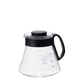 Image of Hario V60 Pour Over 02 server, a heat-resistant glass carafe with a plastic handle and lid, designed for use with Hario V60 dripper and paper filters, suitable for brewing and serving pour-over coffee, with a capacity of 700ml, and marked measurements on the side for precision brewing and pouring.