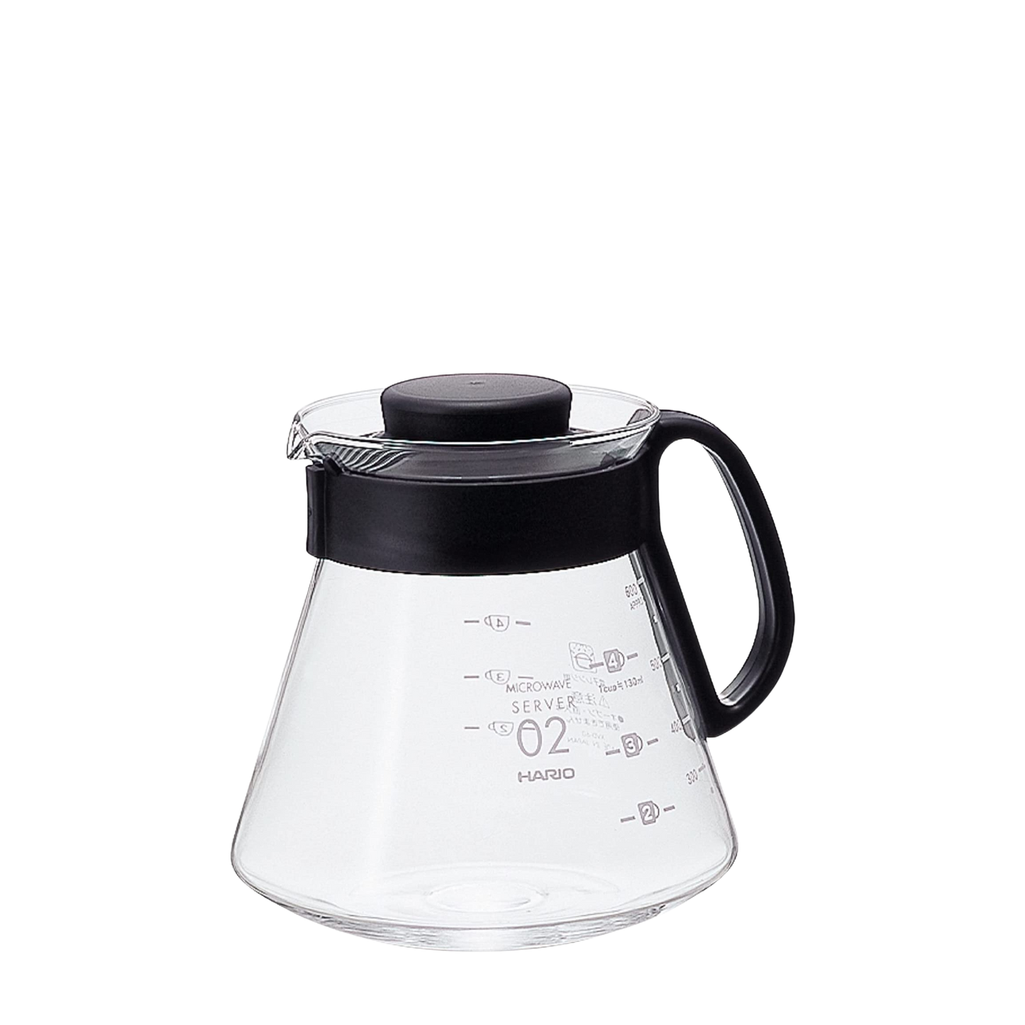 Image of Hario V60 Pour Over 02 server, a heat-resistant glass carafe with a plastic handle and lid, designed for use with Hario V60 dripper and paper filters, suitable for brewing and serving pour-over coffee, with a capacity of 700ml, and marked measurements on the side for precision brewing and pouring.