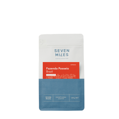 250gr bag of Seven Miles coffee 'Fazenda Passeio Brazil' on a white background