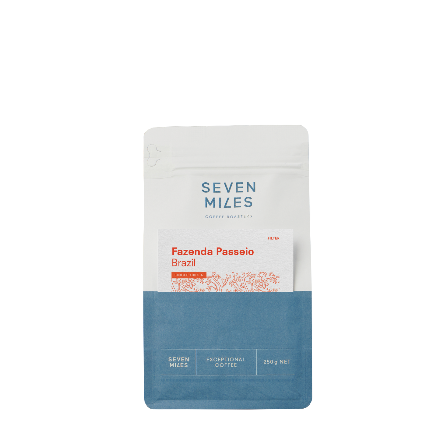 250gr bag of Seven Miles coffee 'Fazenda Passeio Brazil' on a white background