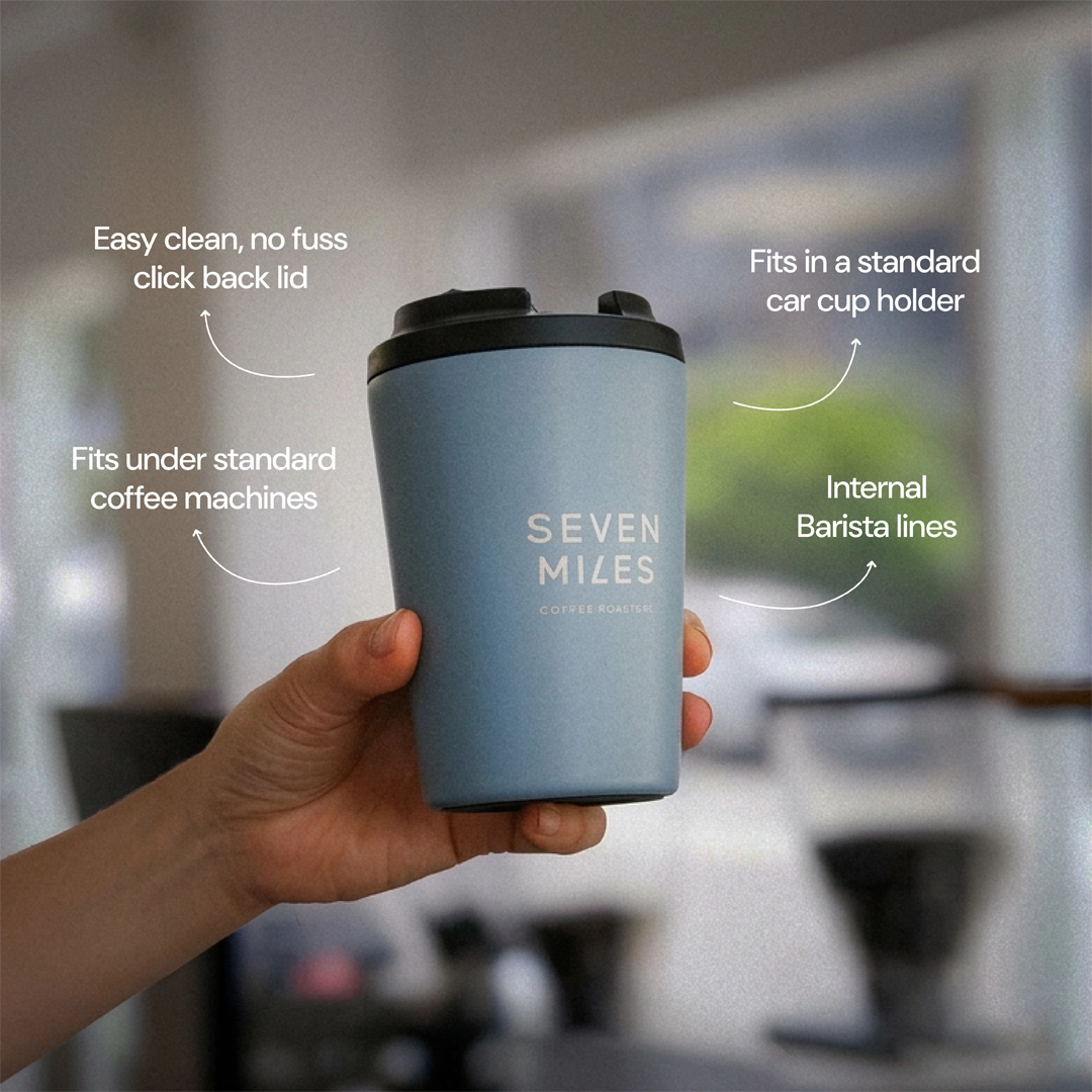 Blue Seven Miles Fressko Cup held by a hand with features highlighted. 