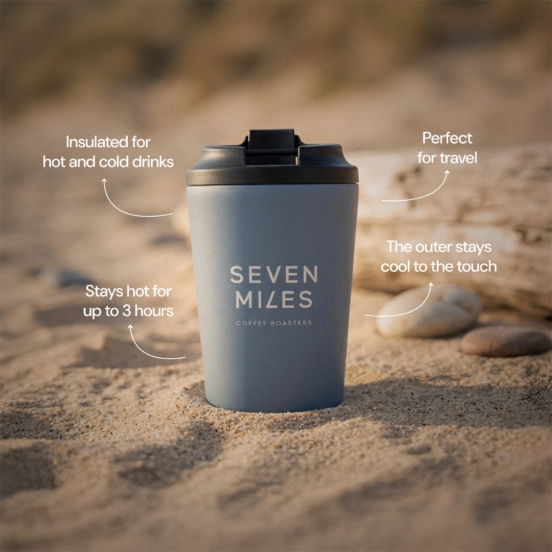 Blue Seven Miles Fressko Cup held by a hand with features highlighted. 