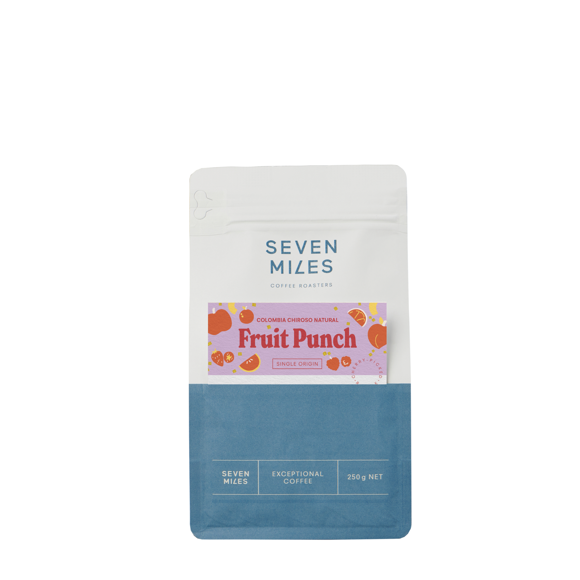 Seven Miles Fruit Punch coffee package on a white background