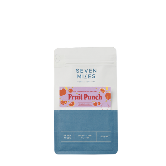 Seven Miles Fruit Punch coffee package on a white background