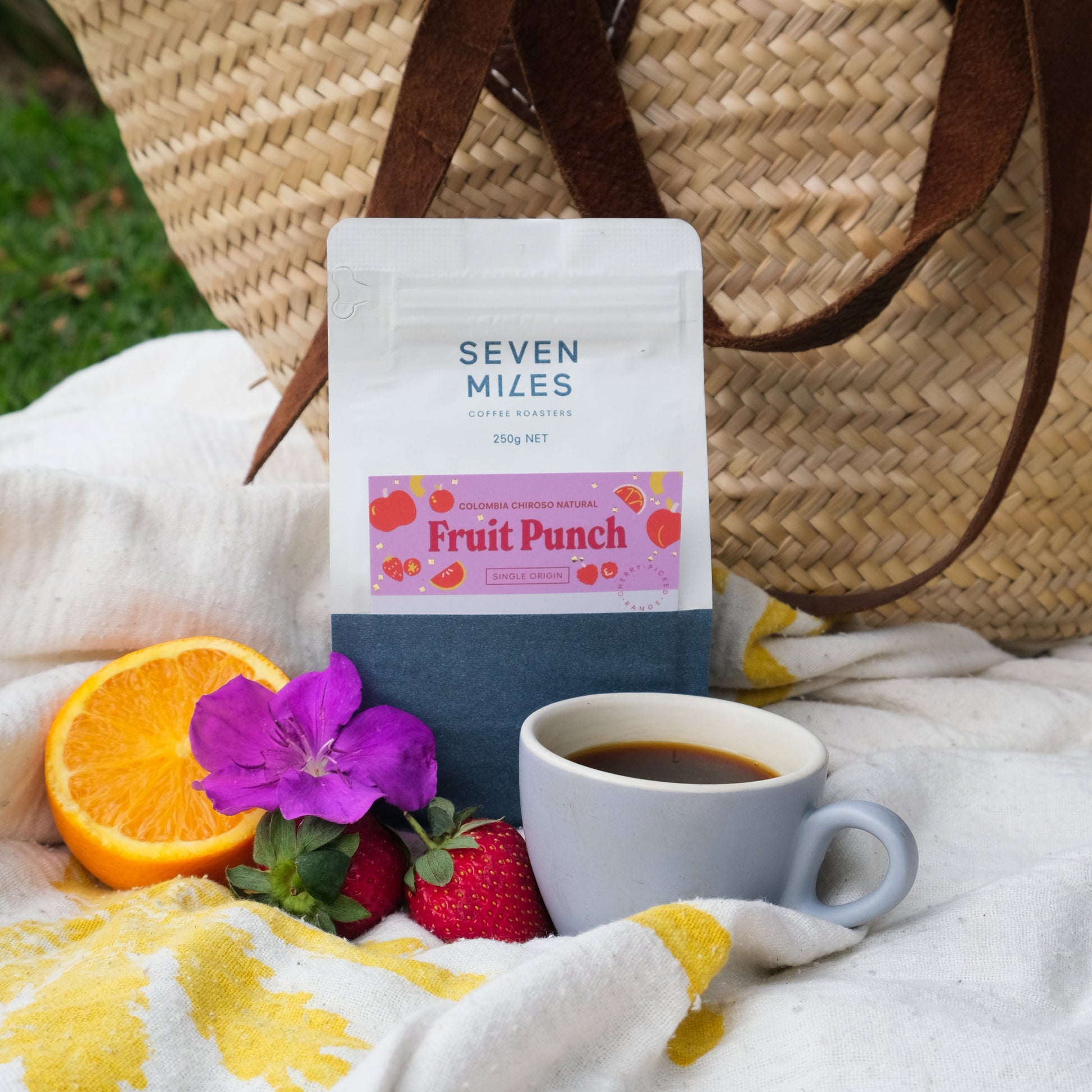 Coffee bag on a pblanket with a coffee 