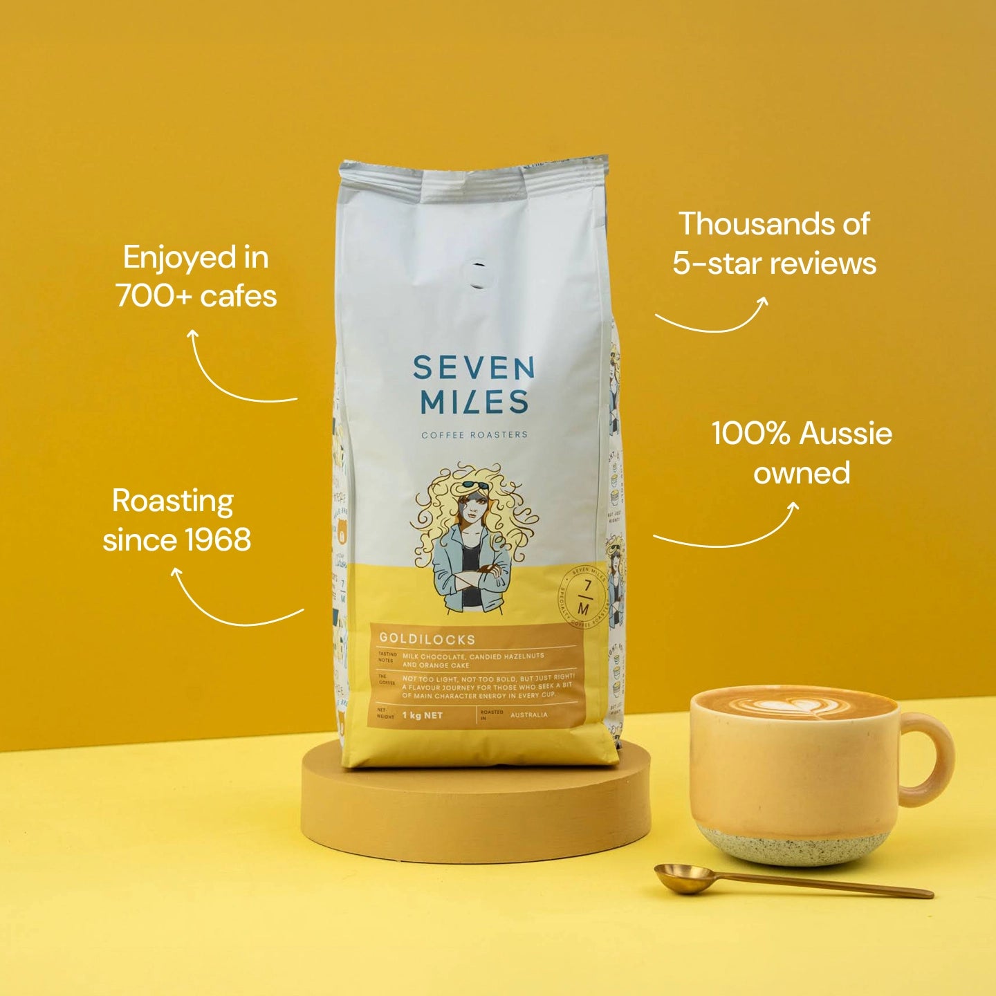 Seven Miles Goldilocks whole coffee beans 1kg Coffee bag - tasting notes Milk Chocolate, Candied Hazelnuts and Orange Cake.