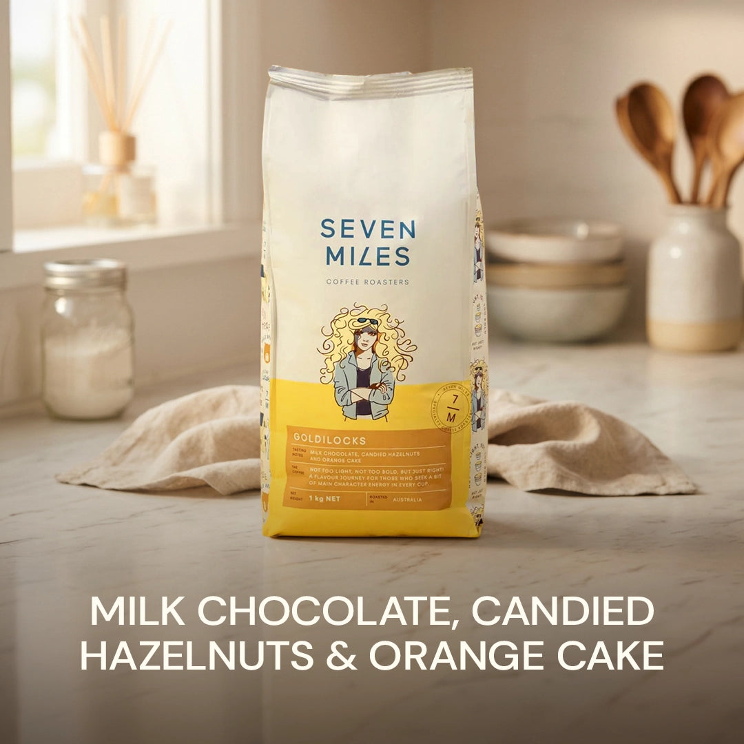 Seven Miles Goldilocks whole coffee beans 1kg Coffee bag - tasting notes Milk Chocolate, Candied Hazelnuts and Orange Cake.