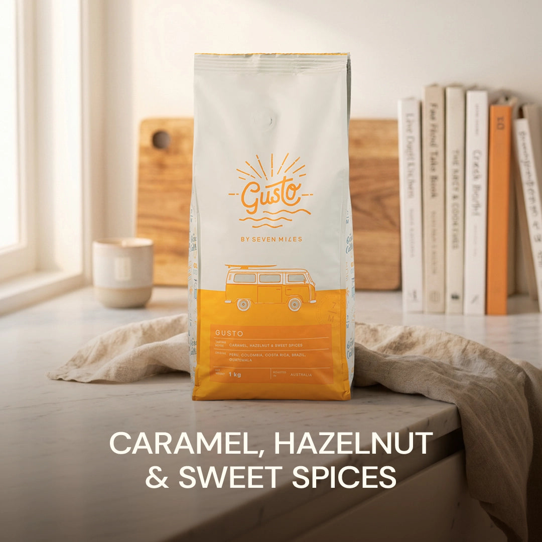 Seven Miles Gusto whole coffee beans 1kg bag - tasting notes Caramel, Hazelnut and Sweet Spices.