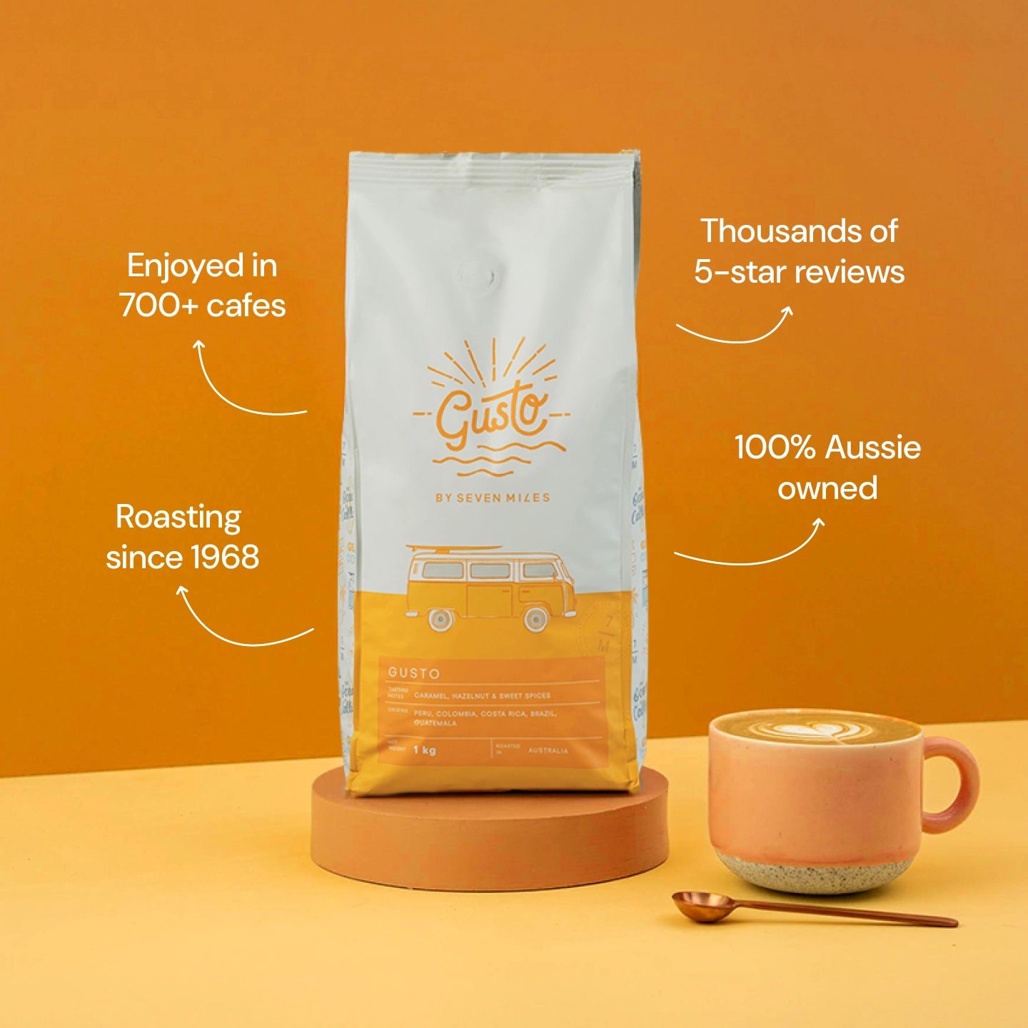 Seven Miles Gusto whole coffee beans 1kg bag - tasting notes Caramel, Hazelnut and Sweet Spices.