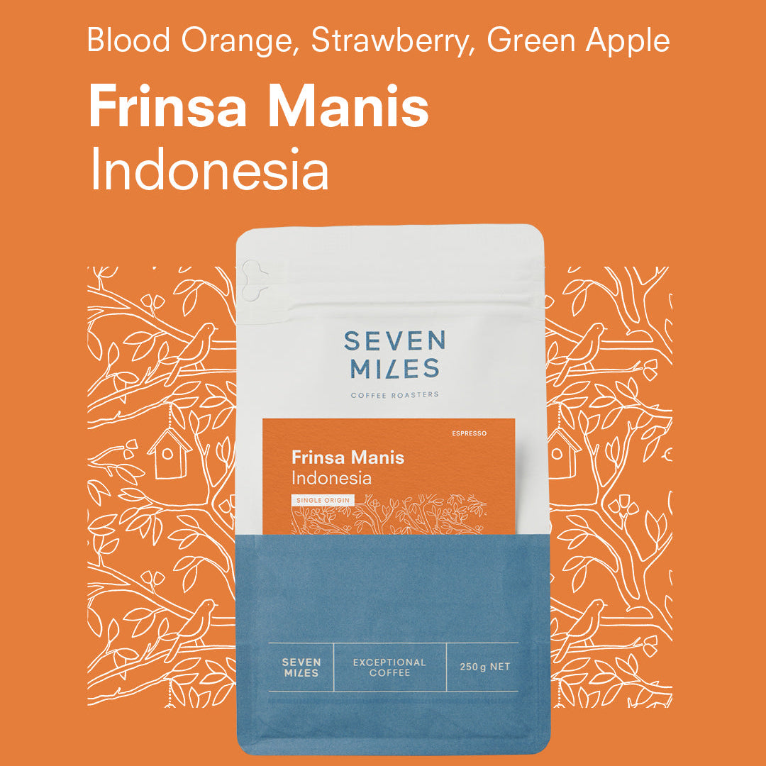 Seven Miles Single Origin coffee package for Frinsa Manis Indonesia on an orange background