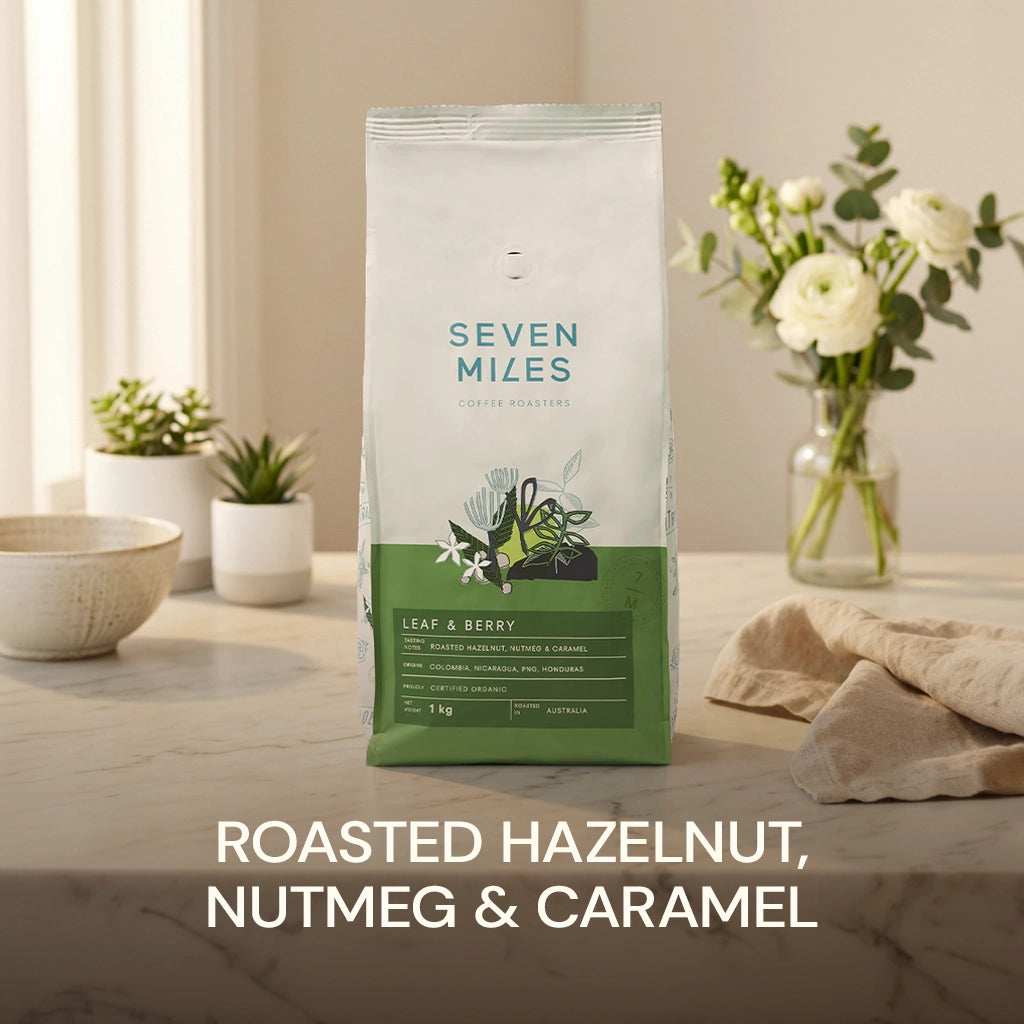 Seven Miles Leaf and Berry organic whole coffee beans 1kg bag - tasting notes Roasted Hazelnut, Nutmeg and Caramel.