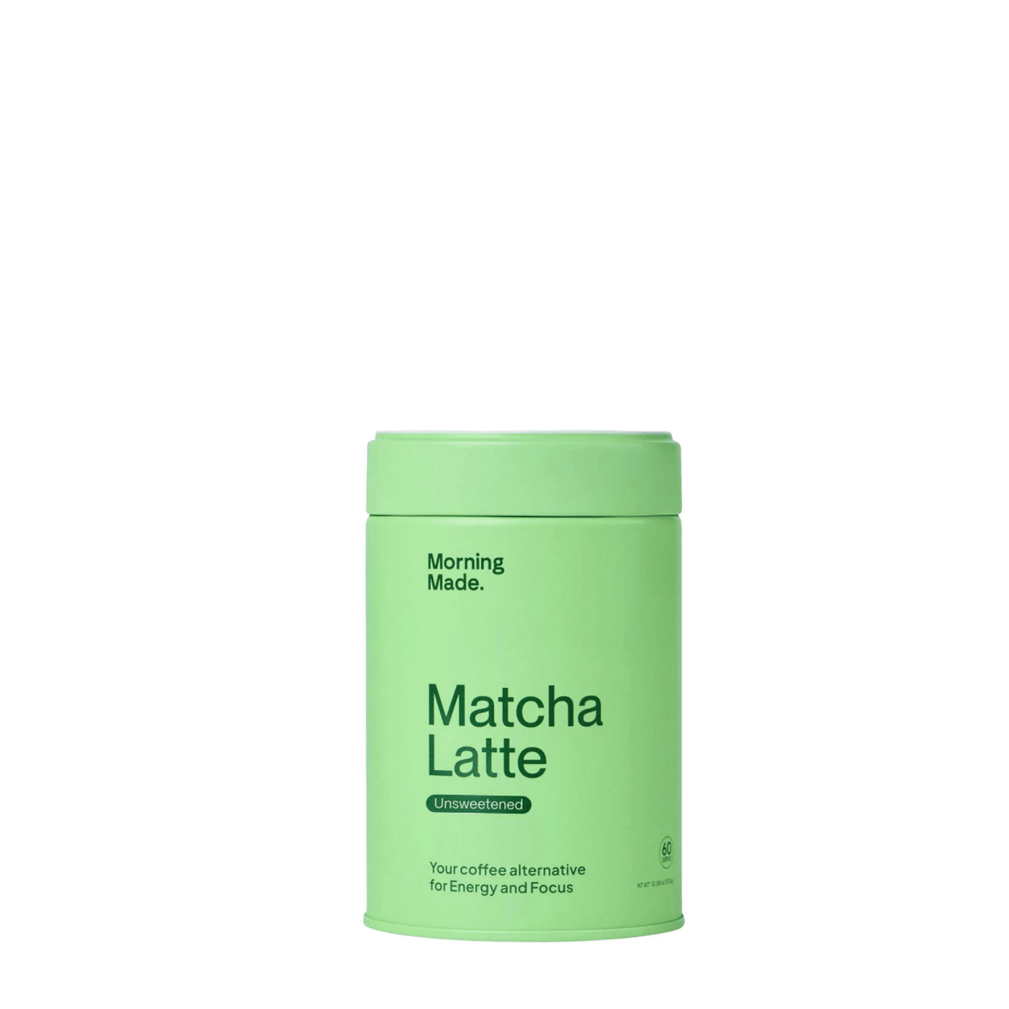 Green container of Unsweetend Matcha Latte by Morning Made on a green background, a coffee alternative