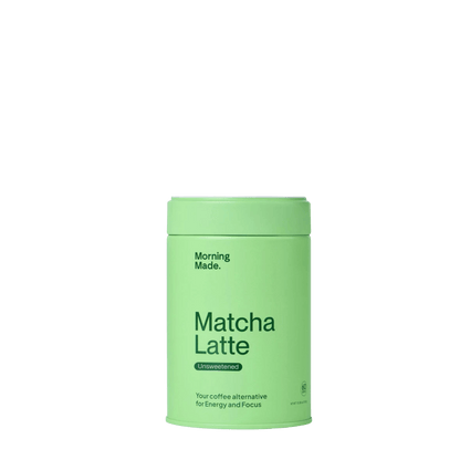 Green container of Unsweetend Matcha Latte by Morning Made on a green background, a coffee alternative