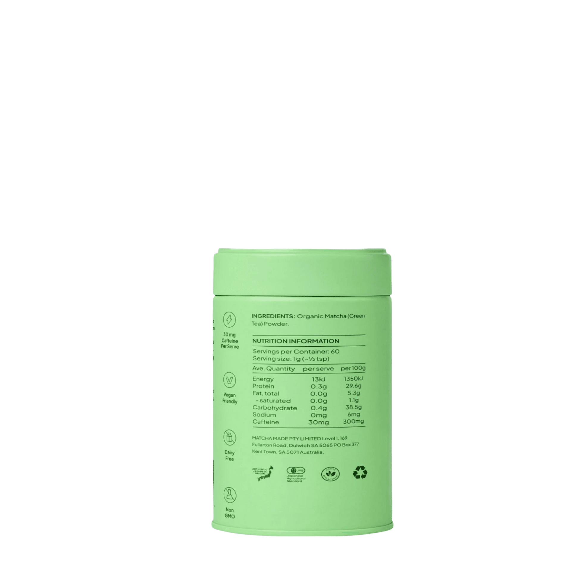 Green container of Unsweetend Matcha Latte by Morning Made on a green background, a coffee alternative